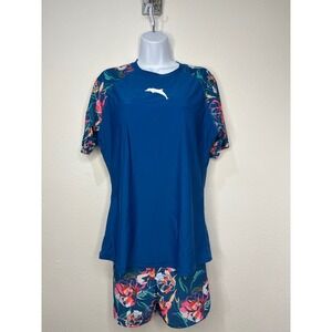 Halcurt Womens XL BluRash Guard Set UPF 50+ Short Sleeve Swim Shorts NEW